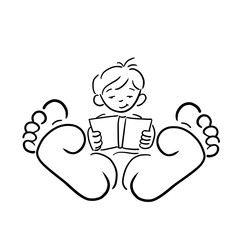 Junge barfuß liegt sitzt gemütlich und liest ein Buch Beine von sich gestreckt ausruhen genießen Pause Logo schwarzweiß Layout Template mockup Hintergrund Vorlage niedlich design süß