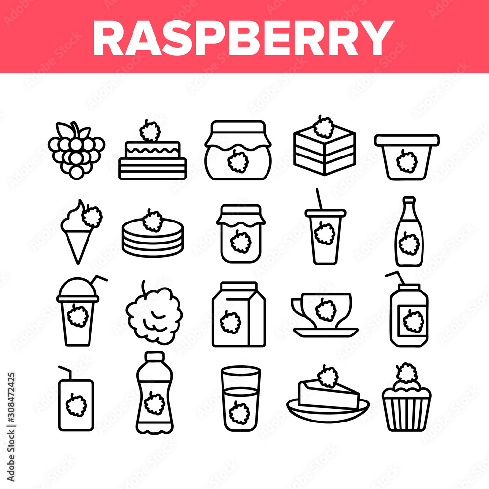Aufkleber raspberry nutrition collection icons set vector thin line. raspberry jam and ice cream, cocktail and
