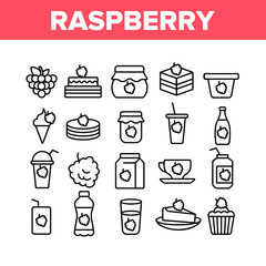 Raspberry Nutrition Collection Icons Set Vector Thin Line. Raspberry Jam And Ice Cream, Cocktail And Juice In Package, Pie And Cupcake Concept Linear Pictograms. Monochrome Contour Illustrations