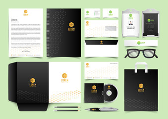 Black and Gold Hexagonal Stationery Layout Set Template