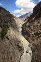 Beautiful mountain landscape with summits, valleys and waterfalls in the Swiss alps