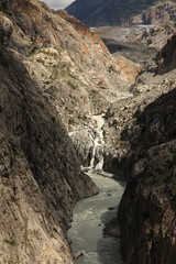 Beautiful mountain landscape with summits, valleys and waterfalls in the Swiss alps