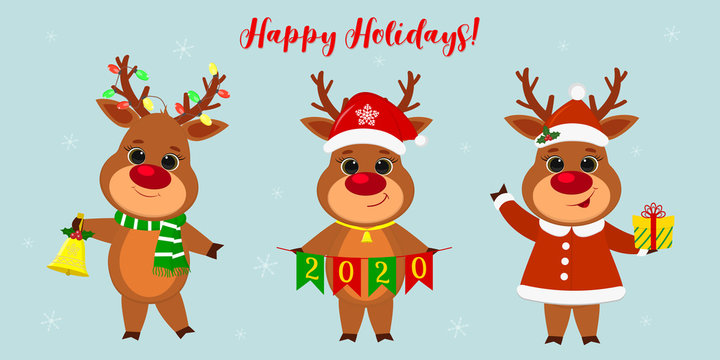 Merry Christmas and a happy new year 2020. Three cute reindeer in different New Year s costumes and with different holiday items. Cartoon, flat style, vector