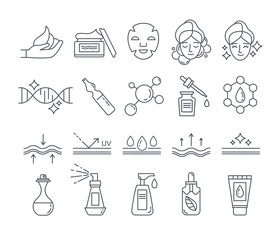 Black and white skin care and beauty cosmetics icons set. Outline signs for cosmetic product package. Flat line art vector illustration - obrazy, fototapety, plakaty