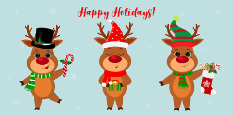 Naklejka premium Merry Christmas and a happy new year 2020. Three cute reindeer in different New Year s costumes and with different holiday items. Cartoon, flat style, vector