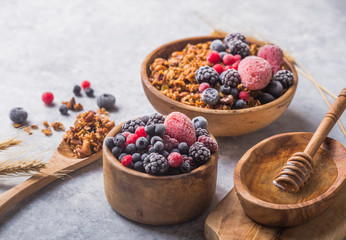 Morning  Granola, Fruits, Berries in bowl on grey concrete background. Healthy breakfast cereals. Concept of dieting, healthy  clean eating