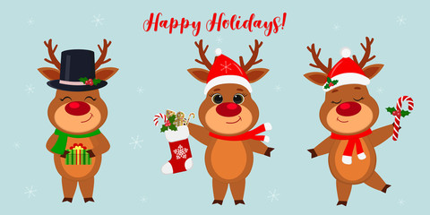 Merry Christmas and a happy new year 2020. Three cute reindeer in different New Year s costumes and with different holiday items. Cartoon, flat style, vector