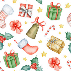 Christmas seamless pattern. Sock, Gift Box, Holly berry, Bow, Candy and Stars. Watercolor illustrations on white background - 308473293