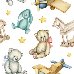 Hand drawn watercolor seamless pattern with old-fashioned toys. Teddy Bears. Bunny toy. Airplane. Rocking horse. Watercolor Illustration on white background. - 308473415
