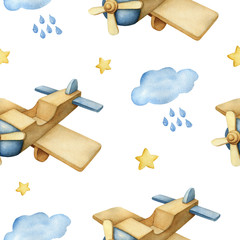 Hand drawn Watercolor Seamless Pattern with Old-fashioned Wooden Airplane. Toy. Retro toy. Plane. Watercolor Illustration on white background. - 308473417