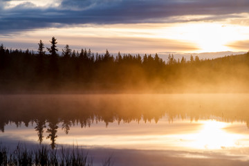 Obraz na płótnie Canvas Russian northern landscape. Kola Peninsula, the Arctic. Murmansk region. Swamp with morning haze at sunrise