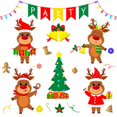 Christmas and New Year party 2020. Set of four cute reindeer in different costumes. Christmas tree, gifts, bells, sweets and other decor items. Cartoon style, Vector