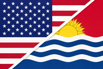 USA vs Republic of Kiribati national flag from textile. Relationship between american and Oceania countries.