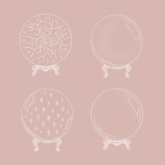 Sketch magic ball set. Hand drawn illustrations in vintage style. Engraving ink vector illustration