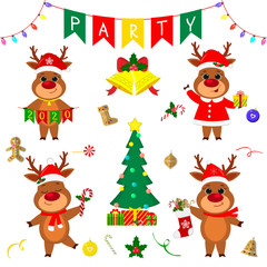 Christmas and New Year party 2020. Set of four cute reindeer in different costumes. Christmas tree, gifts, bells, sweets and other decor items. Cartoon style, Vector