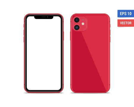 Realistic vector flat mock-up red Apple iPhone 11 with blank screen isolated on white background. Scale image any resolution