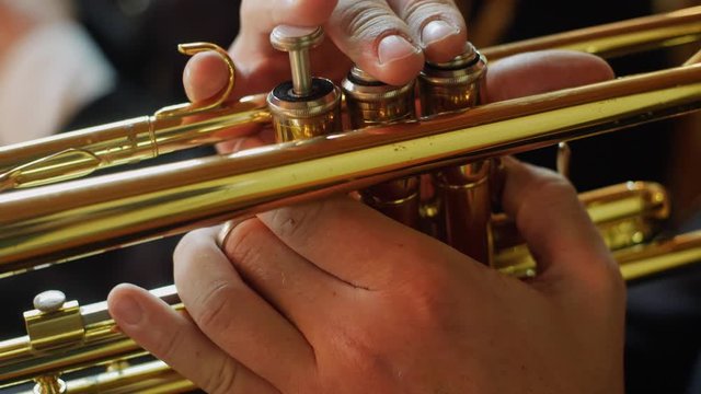Orchestra Musician Playing Trumpet Close Up.