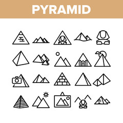 Pyramid Attraction Collection Icons Set Vector Thin Line. Egyptian Pyramid And Sphinx, Photo Camera And Tourism Landscape On Picture Concept Linear Pictograms. Monochrome Contour Illustrations