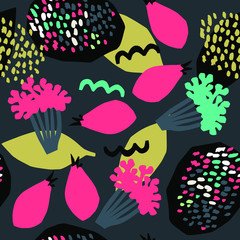 Seamless vector pattern. Abstract shapes, berries and leaves.