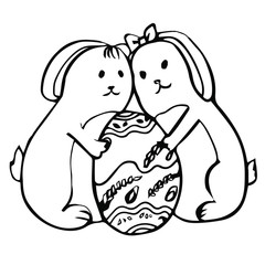 Cute bunnies with easter egg. Hand drawn vector stock illustration. Two rabbits with ornament pysanka. Isolated on white background. Scandinavian style. Trendy. Design for Easter poster, design,card. 