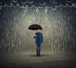 Businessman standing under umbrella as protection of a storm sketch. Insurance agent, business security concept. Find solutions to escape crisis situations. © 1STunningART