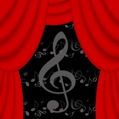 Music theater background with red curtains and musical notes