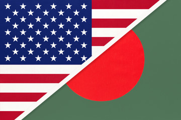 Obraz premium USA vs Bangladesh national flag from textile. Relationship between two american and asian countries.