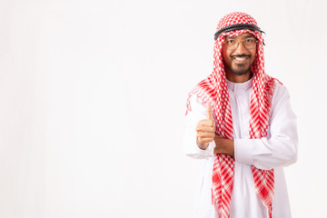 Young Business Arabian Thumbs up showing business successful with isolated on white background. Diversity concept with young arab.