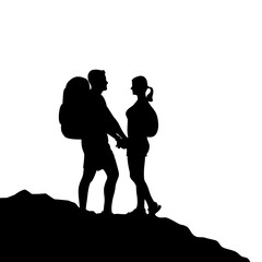 Couple of hikers with a backpacks holding hands on a mountain top. Travel and adventure concept. Vector illustration.