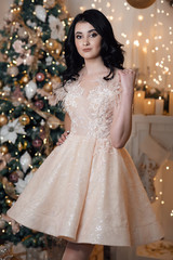 Beauty, make up and people concept - happy laughing young woman. Girl in a beautiful dress. The sexy brunette. Beautiful photo. Sexy brunette girl in evening dress in the fairy Christmas interior. 