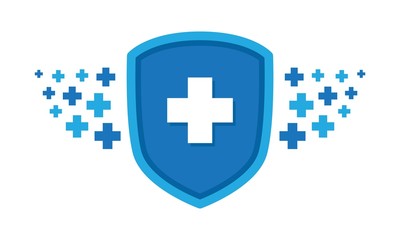 Blue shield with white cross. Health protection concept design template. 