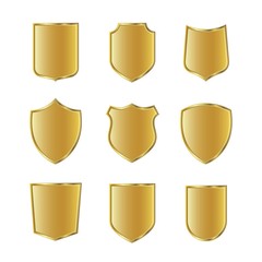 Golden shield collection. Set of gold protection signs. Knight award, medieval royal vintage badges  - obrazy, fototapety, plakaty