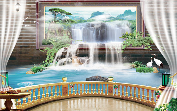 3d mural Beautiful view of landscape from the old arches, tree, sun, water , birds flowers and transparent curtains with flashlights © 3d Artwork Wallpaper