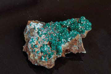 macro mineral stone Dioptase on a gray background