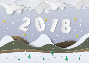 Fototapeta na wymiar Vector Winter season with merry christmas and Happy new year 2018, paper art style.