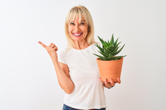 Middle age woman holding cactus pot standing over isolated white background very happy pointing with hand and finger to the side