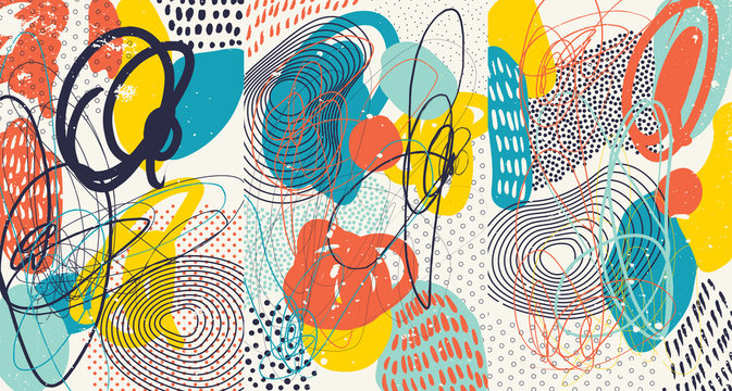 Creative Doodle Art Header With Different Shapes And Textures. Collage. Vector