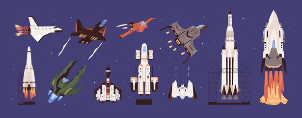 Rockets and spaceships vector set. Spacecraft, planetary exploration and travelling. Cosmic transport. Vehicles , machines designed to fly in outer space collection. Earth observation equipment. © Good Studio