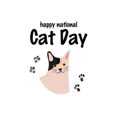 Greeting card with text Happy National Cat Day. Portrait of metis breed. Cute character with lettering.