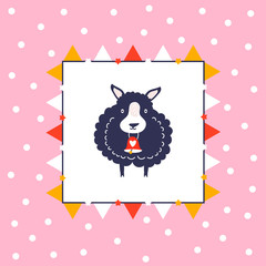Icon of cute lamb in frame. Character hand drawn style for happy new year card. Funny animal ringing a bell.