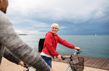 Fototapeta premium Couple with bicycles outdoors on beach, talking. A midsection.