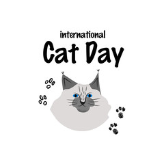 Greeting card with text International Cat Day. Portrait of maine coon breed. Cute character with lettering.