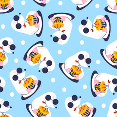 Seamless pattern with icons of cute mole. Background and cute characters hand drawn style for new year print. Funny animal and sweet cake.