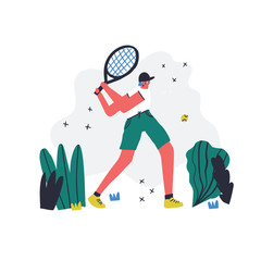 Man play tennis outdoor flat vector illustration. Sportsman with racquet. Male athlete, sport game professional player cartoon character. Backhand shot. Young hand drawn guy isolated on white