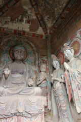 Obraz premium Maijishan Cave-Temple Complex in Tianshui , Gansu Province , China. Artistic treasures of Maiji Mountain caves. UNESCO World Heritage Site.