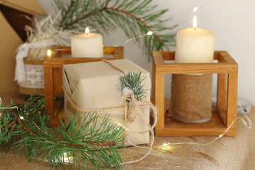 Golden Christmas candles burning, festive atmospheric lights composition.