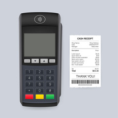 Payment terminal mockup. Pos terminal with blank screen. Cash register. Vector stock illustration