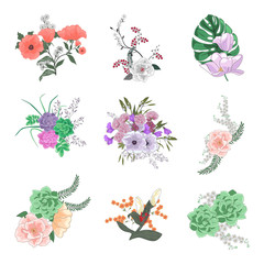 A collection of diverse floral bouquets, different flowers.