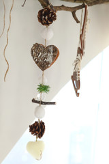 Vintage Christmas decorations hanging on string