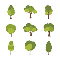 Fototapeta premium Zielone drzewo Płodne Różnorodność form na białym tle, zestaw różnych zestawów drzew, drzewa do dekoracji ogrodów i projektów domów. Ilustracja wektorowa i ikona